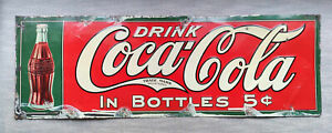 ORIGINAL VINTAGE 1920's COCA COLA SIGN w/ 1916 COKE SODA BOTTLE 5 cents