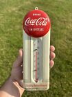 Original 1950s Coca Cola Deco Button Soda Pop Painted Metal Thermometer Sign