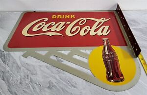 B-578 RARE VINTAGE 40s DRINK COCA COLA YELLOW DOT DOUBLE SIDED FLANGE SIGN 24X20