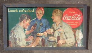 rare Historical WW2 cardboard sign advertising Coca Cola with Rosie the Riveter