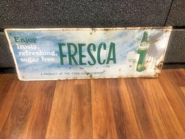VINTAGE EARLY FRESCA COCA COLA SODA POP METAL SIGN W/ BOTTLE GALSS 32X12 COKE