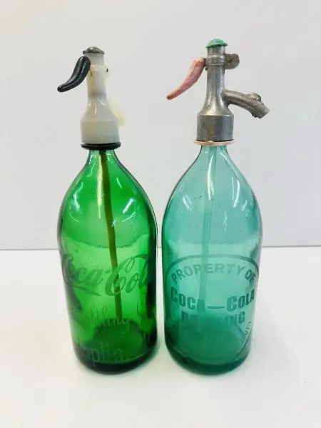 LOT OF 2: VINTAGE COCA~COLA GREEN SELTZER BOTTLES (Joplin, MO/Southbend, IN)