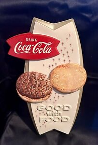Vintage Drink Coca-Cola Plastic Vacuform Good With Food Hamburger Fishtail Sign