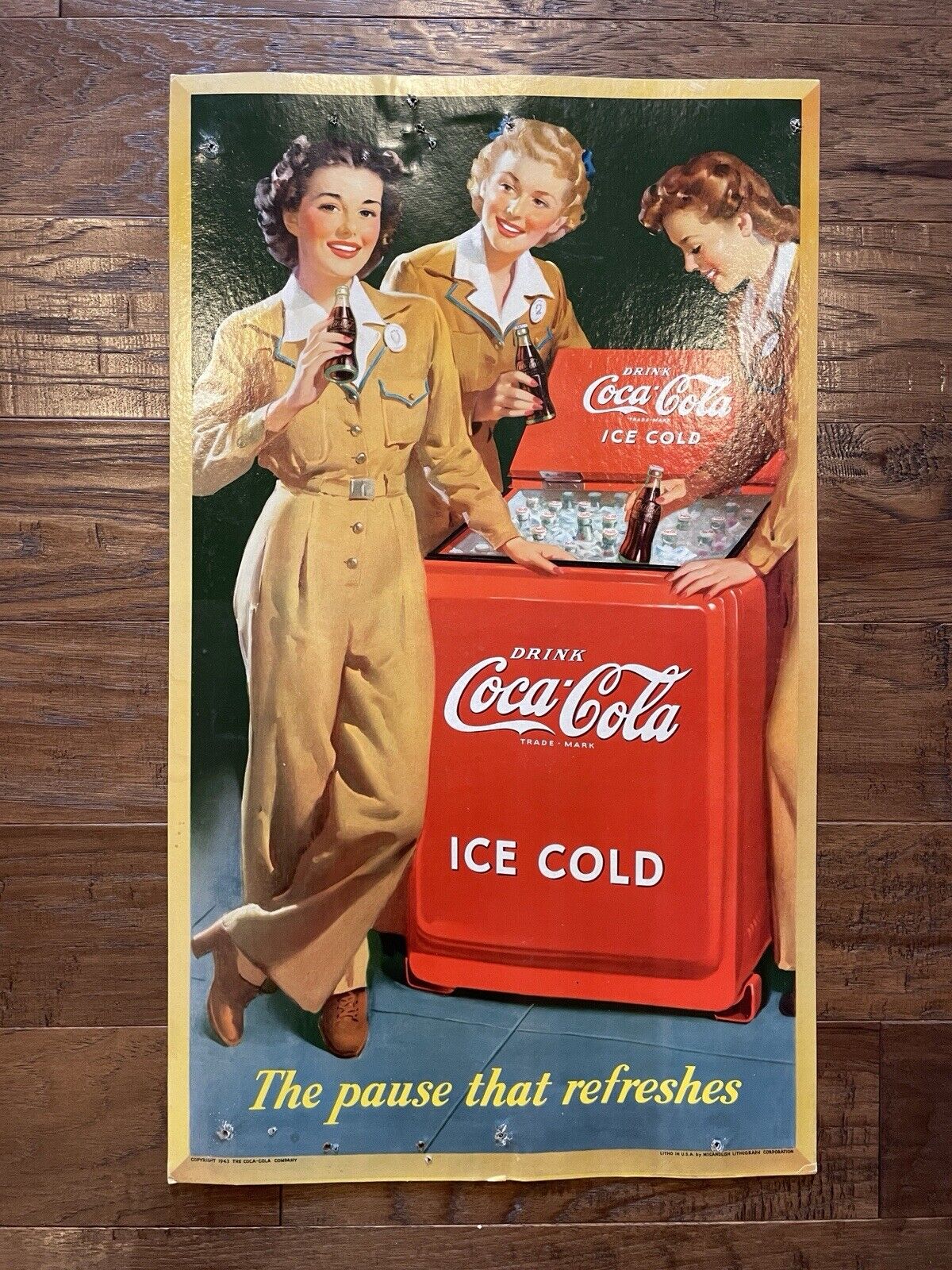 Original 1943 WWII Cardboard Coca Cola Advertising Lithograph
