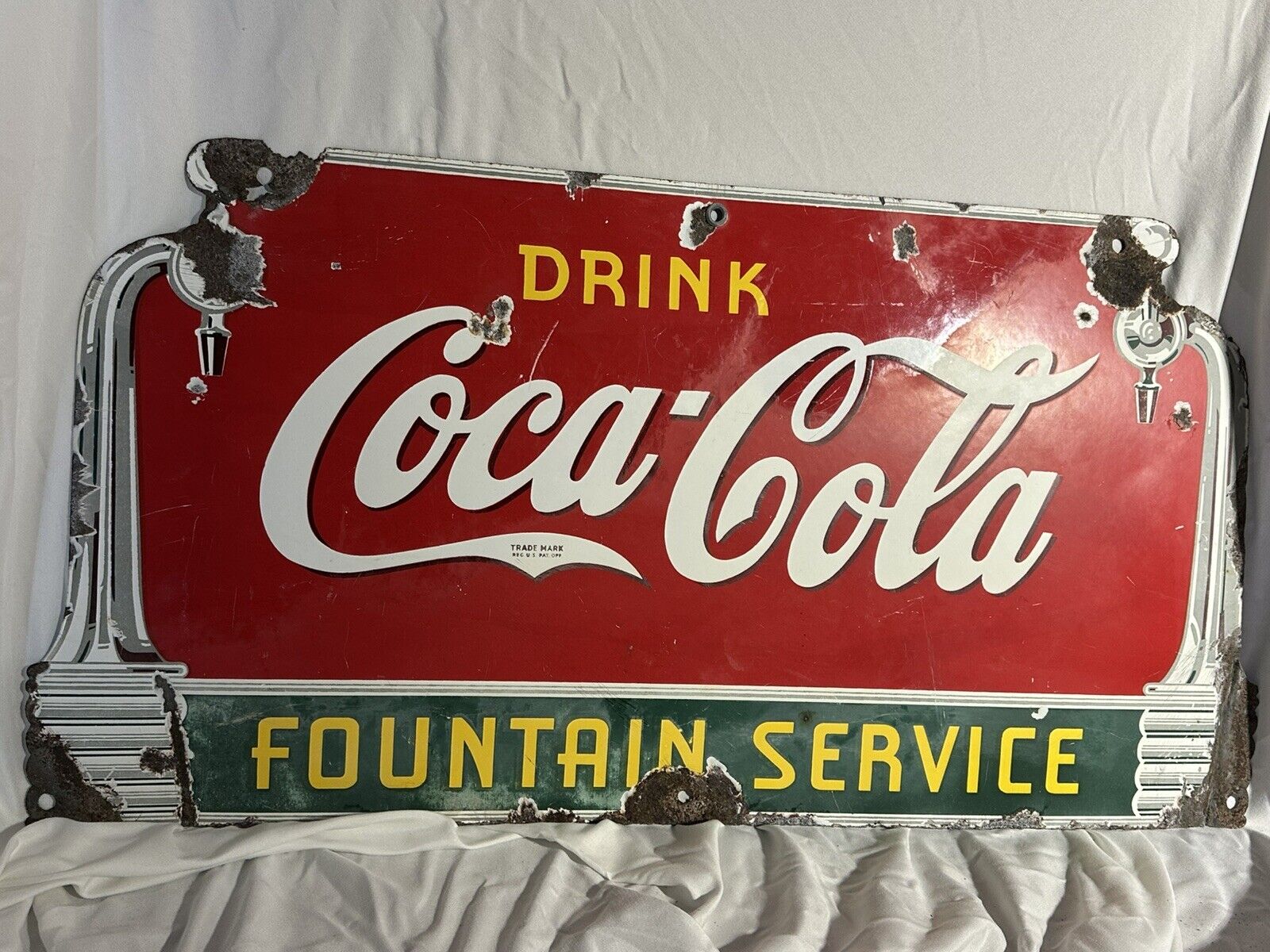 SUPER RARE PORCELAIN 1941 “DRINK COCA COLA”- “FOUNTAIN SERVICE” SIGN 27x14 SALE 