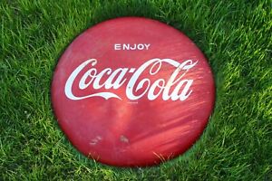 Orig Coca-Cola Button 36” Painted Metal Not Porcelain Sign. W/ Hanging Brackets.