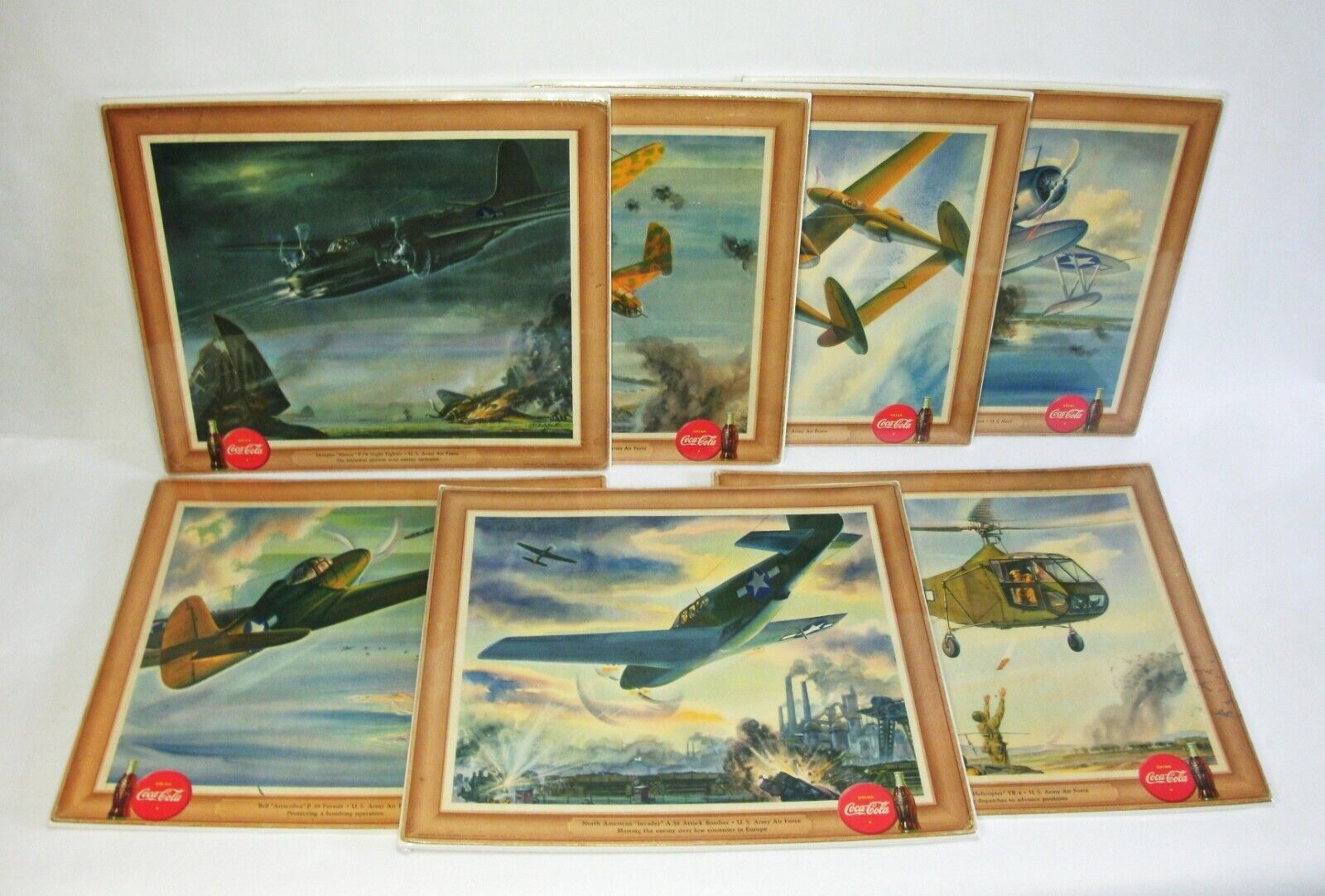 w Vtg 1943 COCA COLA WWII AIRPLANE ADV LITHO PRINTS Lot of 7