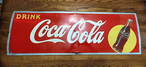 VINTAGE ORIGINAL 1940's COCA COLA SUNSPOT TIN METAL SIGN WITH ANGLED COKE BOTTLE