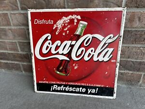 Vintage Disfruta Coca Cola MR Embossed Metal Tin Sign Mexico 17-3/4” Square