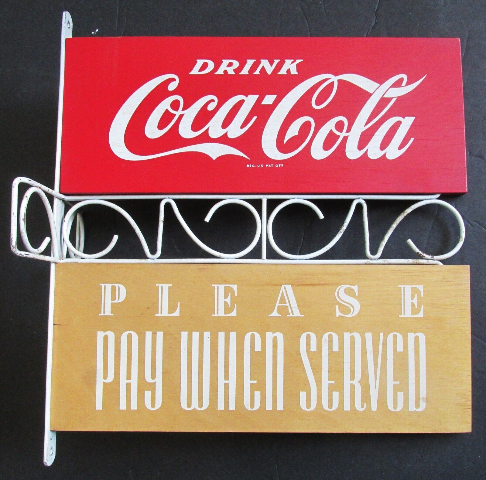 Original 1950's DRINK COCA-COLA Please Pay When Served Soda Pop Wood Flange Sign