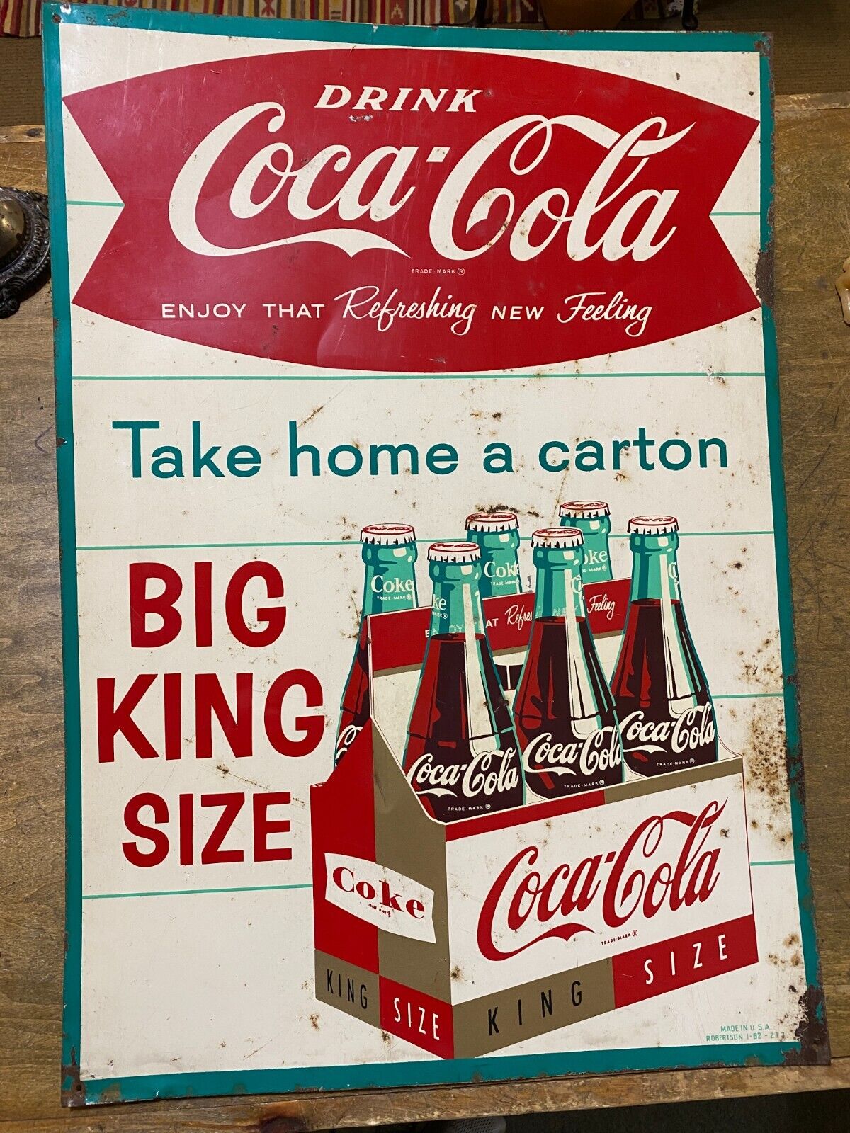 1962 Coca-Cola fishtail metal sign "KING SIZE", Man. by Robertson. 28" x 19 5/8"