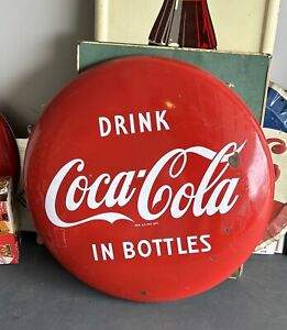 1950s Drink Coca-Cola Button Sign - 24” -  Drink In Bottles - Coke Advertising
