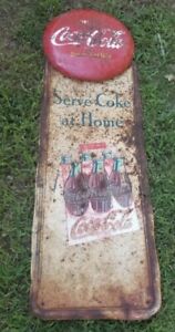 Awesome rustic ORIGINAL COCA COLA PILASTER PAINTED METAL SIGN COKE BUTTON Patina