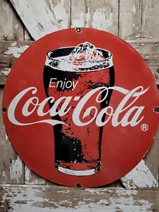 VINTAGE COCA COLA PORCELAIN SIGN ICE COLD 30" LARGE FOUNTAIN BEVERAGE DRINK SODA