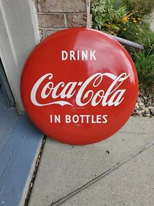 c.1950s Original Vintage Drink Coca Cola Button Sign Metal 24 Inch AM85X Bottles