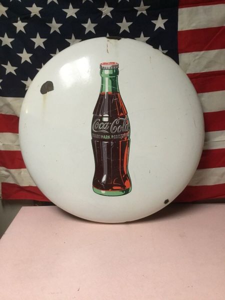 Rare Vintage 1950s Coca Cola White  Button Porcelain Advertising Sign 24 Inches