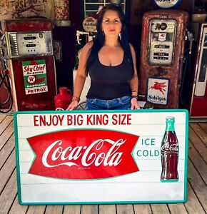 Large Vintage 32x56” Coca Cola Coke Fishtail Metal Painted Soda Sign NOS OG