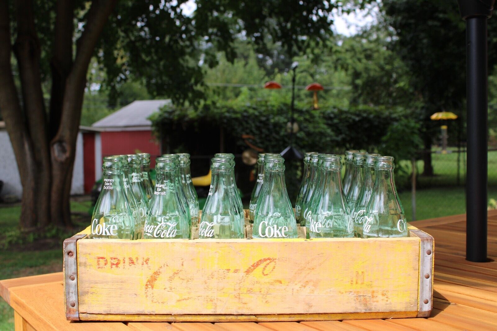 Set 24 Vintage Green Glass 6.5 oz Coca-Cola Bottles Wooden Yellow Coke Crate
