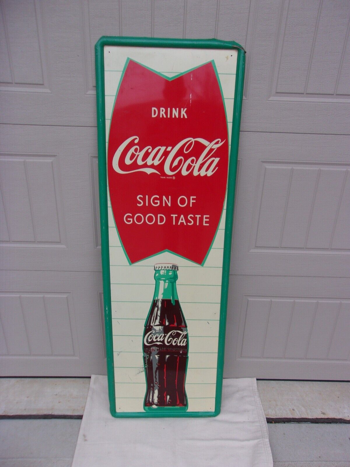 Coca-Cola Fishtail & Bottle Vertical Metal Sign--1959 Date--Original