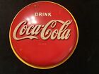 Vtg Original DRINK COCA COLA Celluloid Plastic, Cardboard Back Button Sign 10”