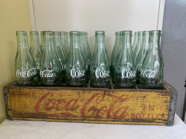 New ListingVintage 1960s Coca Cola ~ Coke Yellow & Red Wooden Crate Box w/ 24 Green Bottles