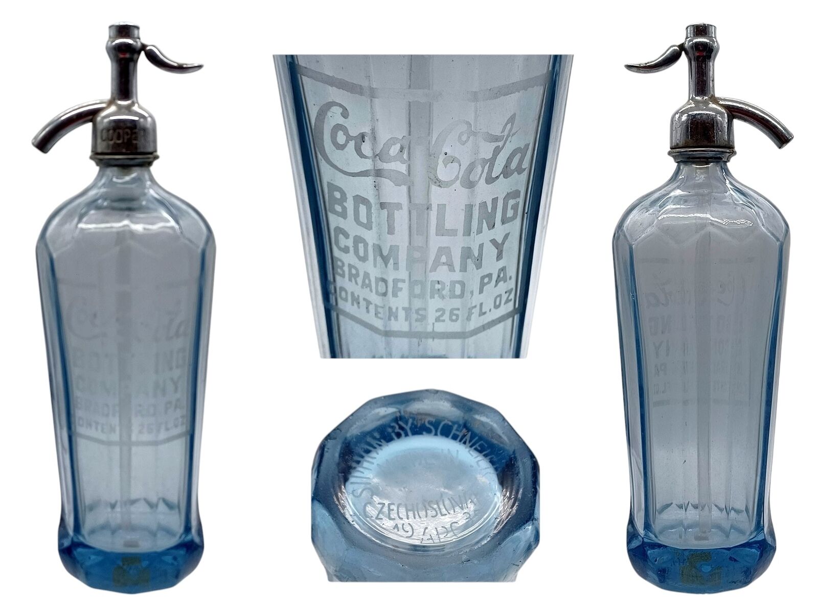 COCA-COLA BRADFORD, PENNSYLVANIA BLUE GLASS SELTZER BOTTLE ~ CZECHOSLOVAKIA