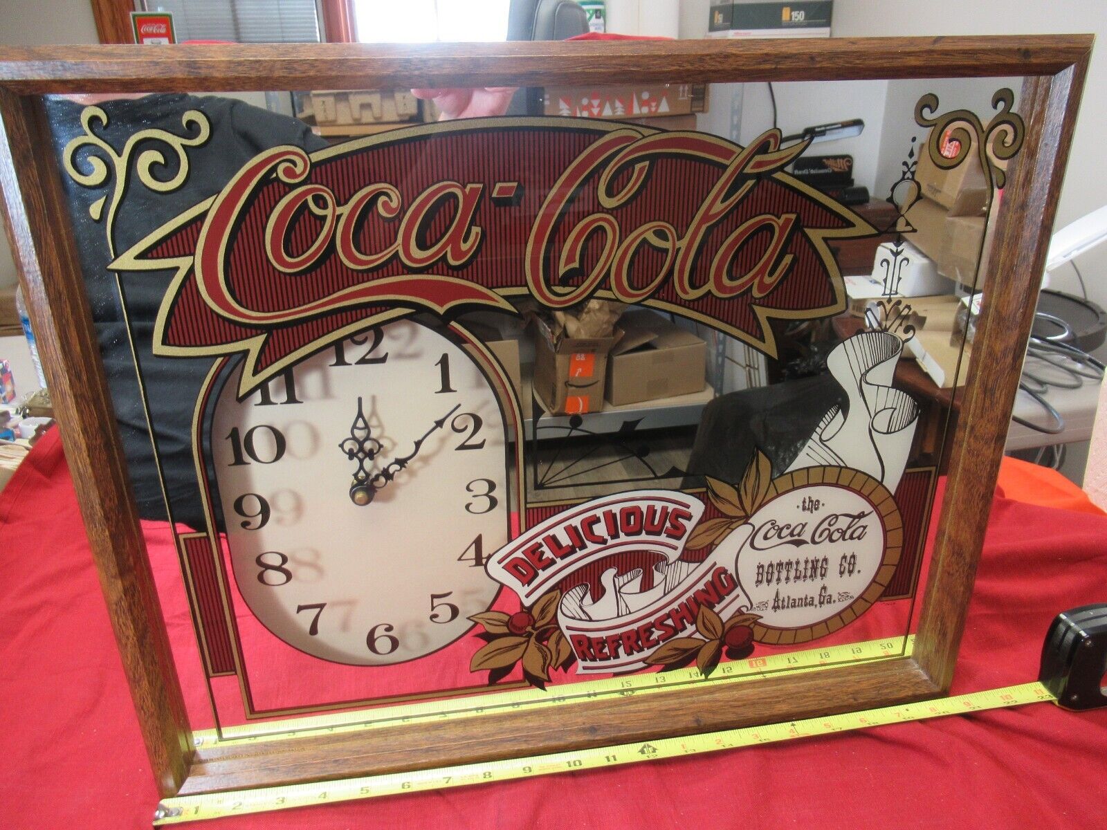 Framed, Rare, Coca-Cola Atlanta, Delicious and Refreshing Painted Glass w Clock!