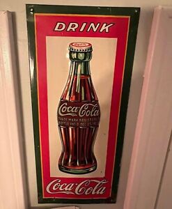 Painted Tin 1930 Coca-Cola Door Push (Christmas Bottle Version)