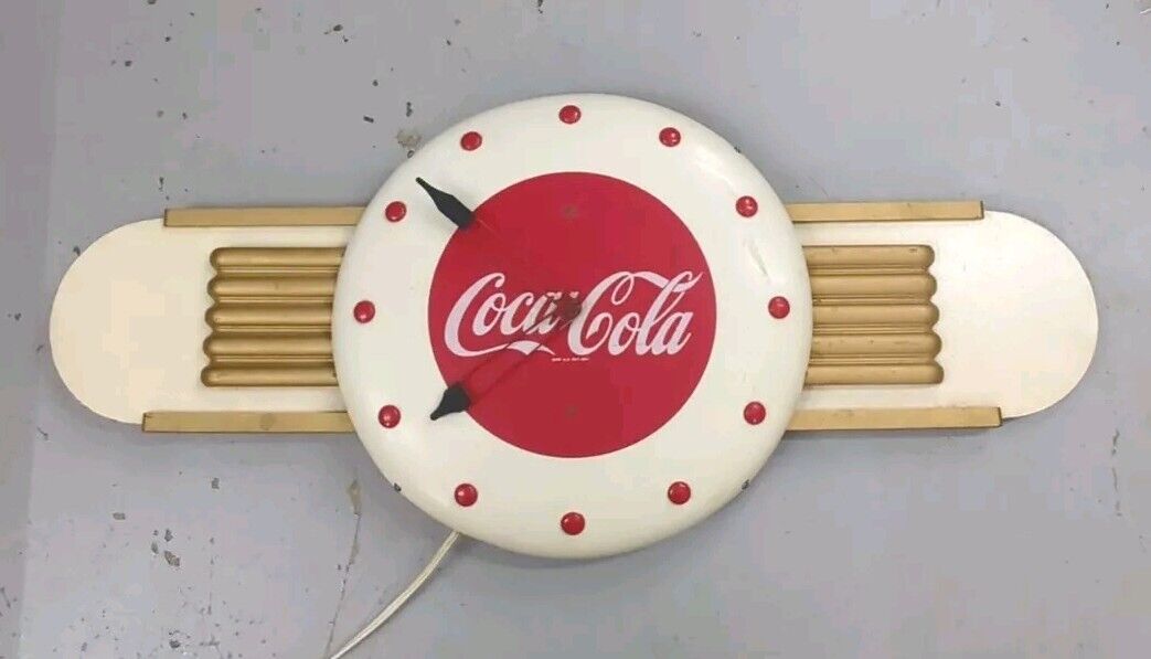 True Vtg 1949 COCA COLA Red Ball Wings Clock, American Time Corp. AC-300 •WORKS•