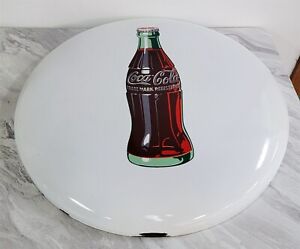 B-928 STUNNING VINTAGE 24" WHITE PORCELAIN COCA COLA BOTTLE BUTTON SIGN WOW