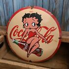 Vintage Coca Cola Betty Boop Porcelain Metal Soda Pop Coke Button Sign