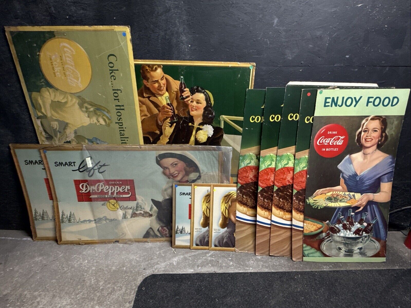 Massive Lot Of 12 Antique Coca Cola Lithograph Cardboard Sign Dr. Pepper LARGE