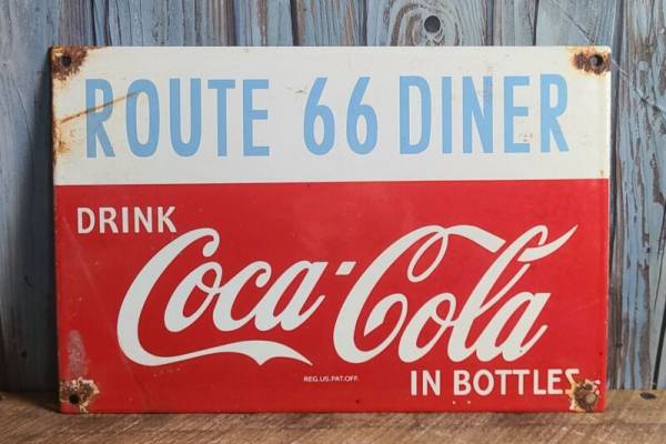 Vintage Coca Cola 'Drink Coke In Bottles' Route 66 Diner Porcelain Soda Pop Sign