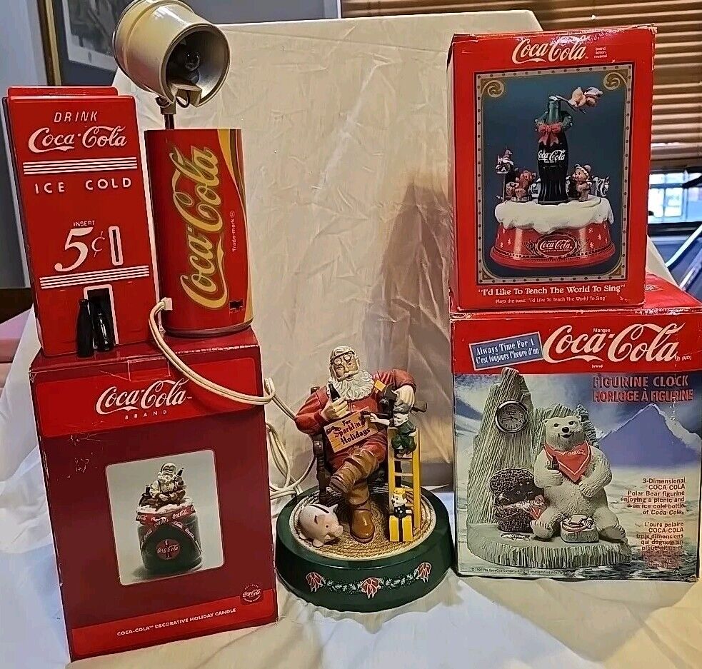 Coca-Cola Polar Bear Clock Candle Toy Bank Lamp Vintage Lot 6 Santa Christmas A1