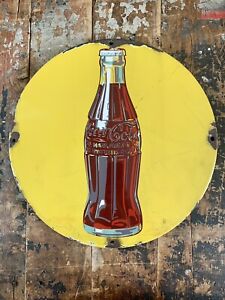 Original 1930’s Yellow Porcelain Coke Coca-Cola Disc Button Sign