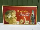 Vtg 1950 Coca Cola "Hospitality" Girl With Candle Litho Cardboard Sign 36"x20"