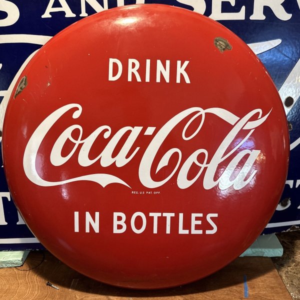 ORIGINAL & AUTHENTIC ''DRINK COCA-COLA IN BOTTLES' BUTTON PORCELAIN SIGN 24 INCH