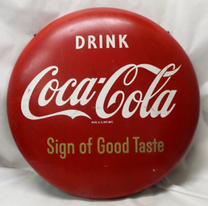 OLD 1950's COCA-COLA COKE Red Button ADVERTISING Soda SIGN 24" Original Bracket