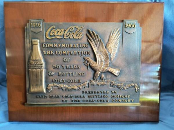 Coca Cola 50 Year Award Plaque Bronze Service 1966 Glen Rose Texas Balfour Coke