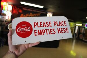 RARE 1950s COCA COLA PLACE EMPTIES BOTTLE RETURN RACK TOPPER PAINTED METAL SIGN