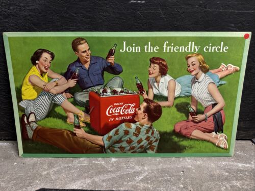 Coca Cola Join The Friendly Family Lithograph Cardboard Sign 36"x20" Vtg 1954 EX