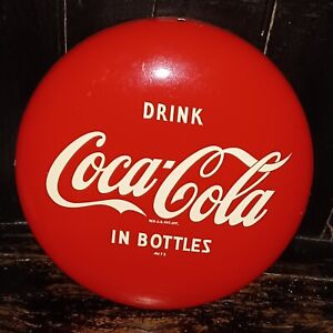 Antique Coca-Cola Coke Advertising Metal Soda Disc Button Sign 12 inch