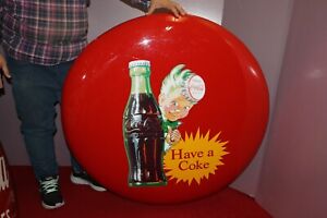 Large Vintage 1950's Coca Cola Sprite Boy Soda Pop 36" Curved Button Metal Sign