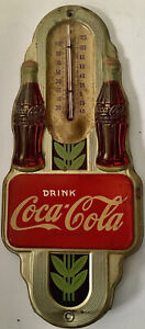 1941 COCA-COLA DOUBLE BOTTLE THERMOMETER EMBOSSED TIN SIGN. 100% AUTHENTIC.