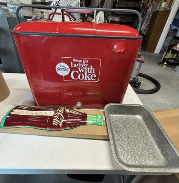 Vintage Coca Cola Coke Cooler By Progress AND Full Bottle Thermometer NEVER USED