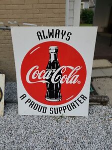 c.1970s Original Vintage Enjoy Coca Cola Sign Metal Coke Soda Proud Supporter