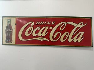 1934 Drink Coca Cola Tin Sign Robertson Xmas Bottle Rare Original 11 25”x34 75”