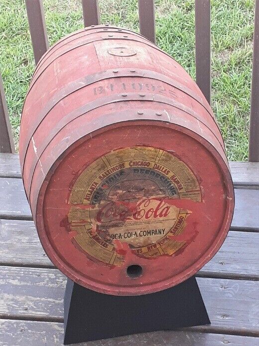 ANTIQUE COCA COLA WOOD SYRUP BARREL w EARLY PAPER LABEL 10 GAL KEG BOTTLE SIGN