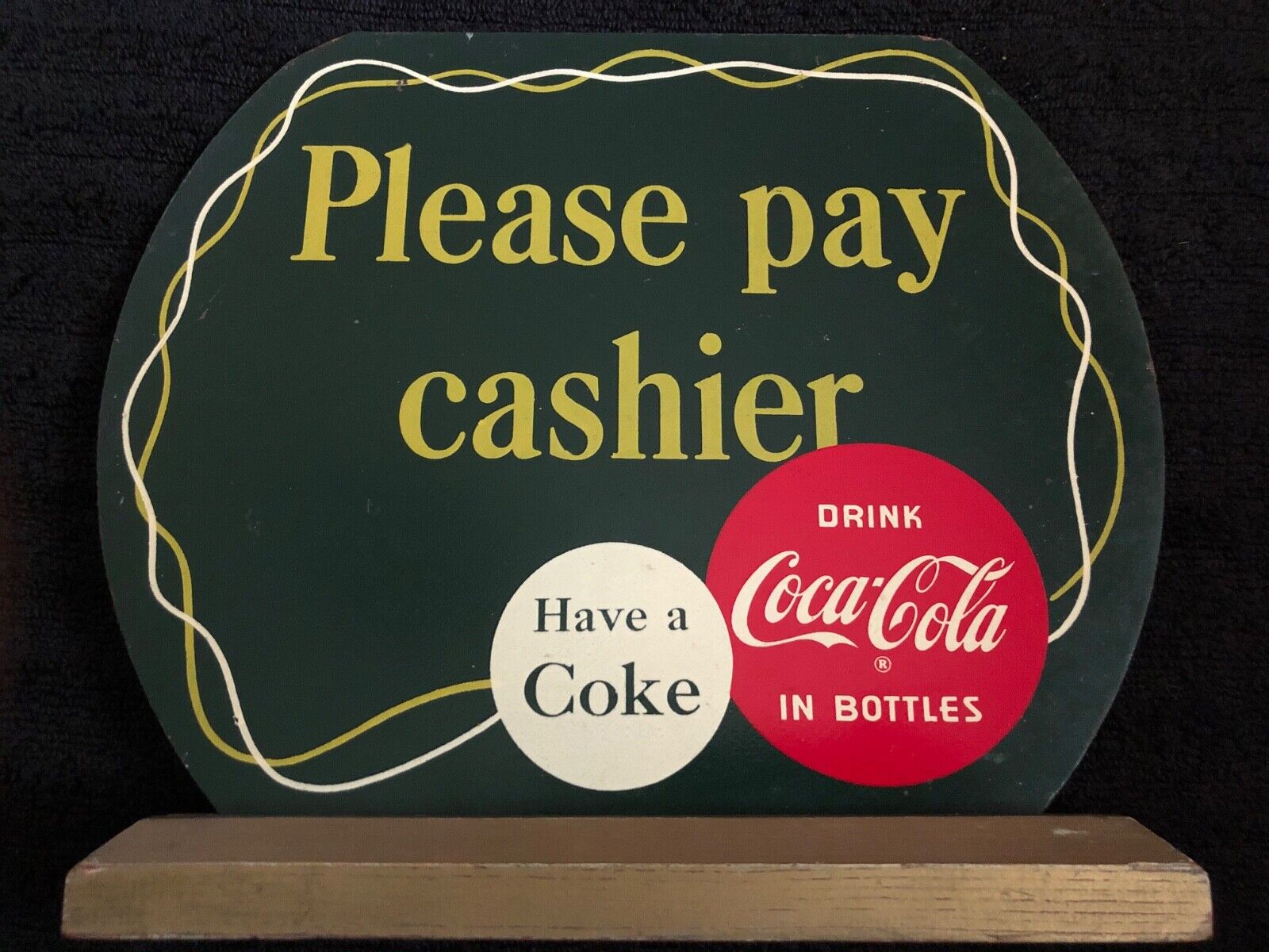 Vintage Coca Cola coke counter display masonite & wood base Please Pay Cashier