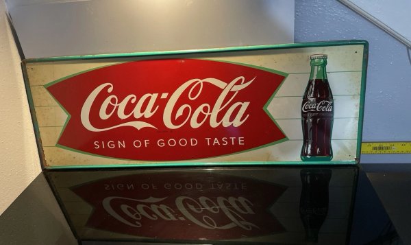 RARE 1950s COCA-COLA " FISHTAIL Metal SIGN